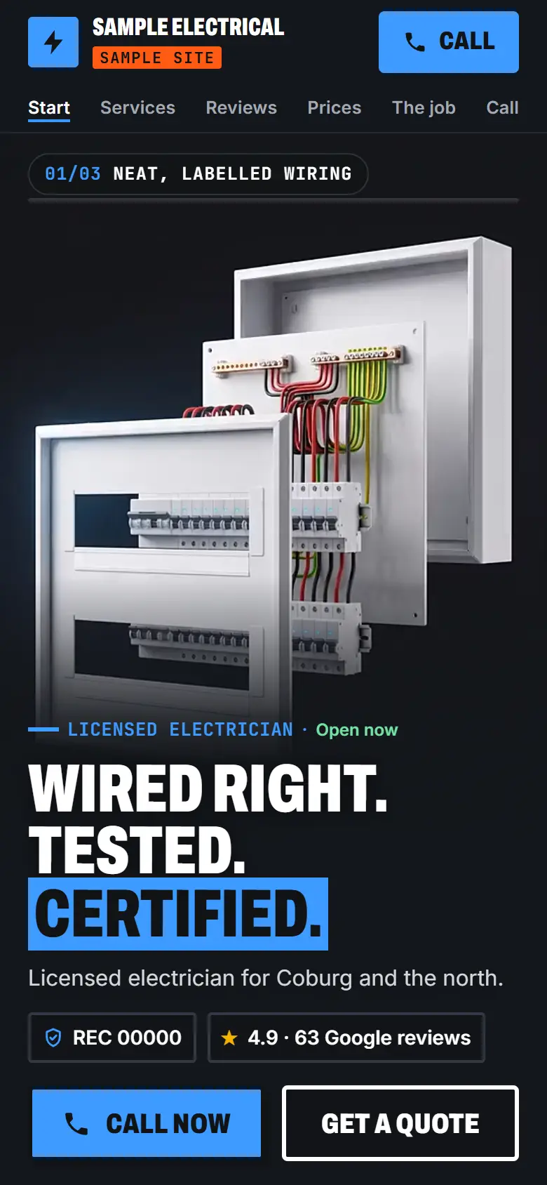 The first screen of the sample electrician site