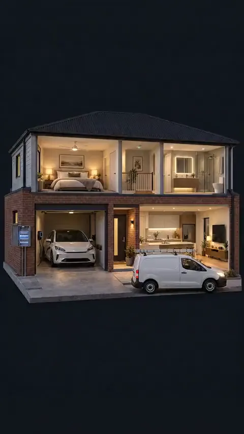 A plain white work van parked in front of the lit house